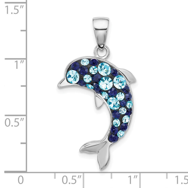 Sterling Silver Rh-plated Polished Crystal Dolphin Pendant