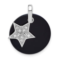 Sterling Silver RH-plated Polished Onyx and CZ Star Circle Pendant
