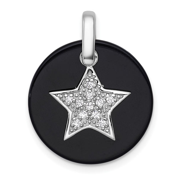 Sterling Silver RH-plated Polished Onyx and CZ Star Circle Pendant