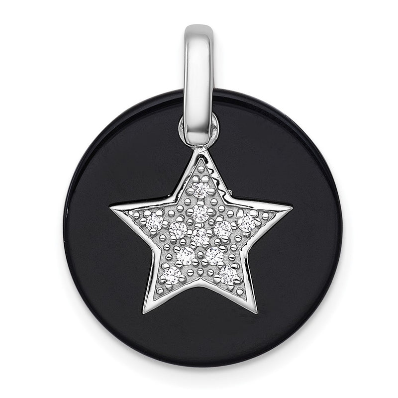 Sterling Silver RH-plated Polished Onyx and CZ Star Circle Pendant