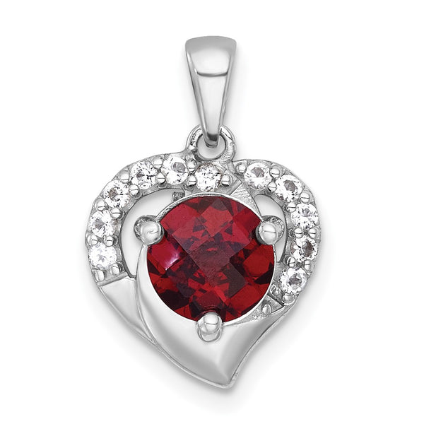 SS RH-pltd Polished Fancy Garnet and White Topaz Heart Pendant