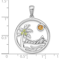 SS RH-pltd Polished & Grooved Citrine/Peridot Beach Scene Pendant