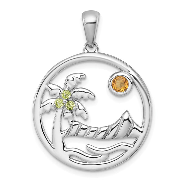SS RH-pltd Polished & Grooved Citrine/Peridot Beach Scene Pendant