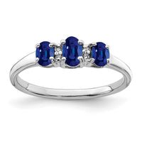 Sterling Silver Rhodium 3 Oval Sapphire & Diamond Ring