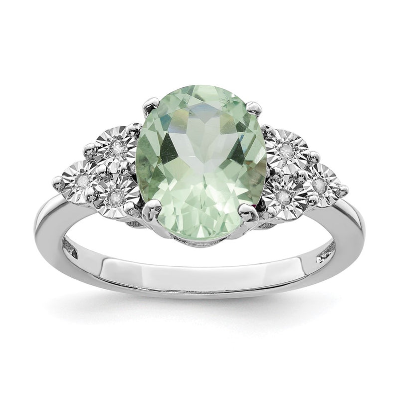 Sterling Silver Rhodium Diam. & Green Quartz Ring