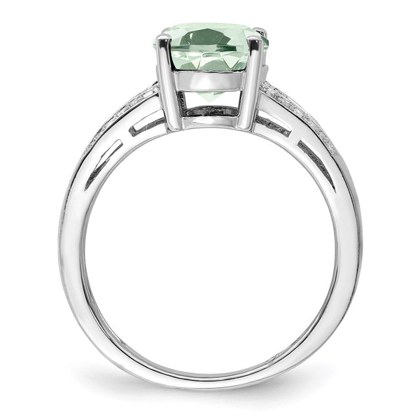 Sterling Silver Rhodium Diam. & Oval Green Quartz Ring