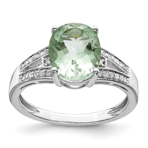 Sterling Silver Rhodium Diam. & Oval Green Quartz Ring