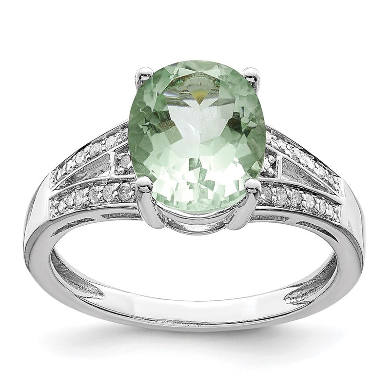 Sterling Silver Rhodium Diam. & Oval Green Quartz Ring