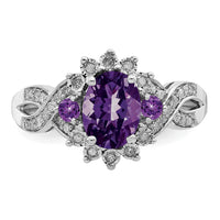 Sterling Silver Rhodium-plated Diamond & Oval Amethyst Ring