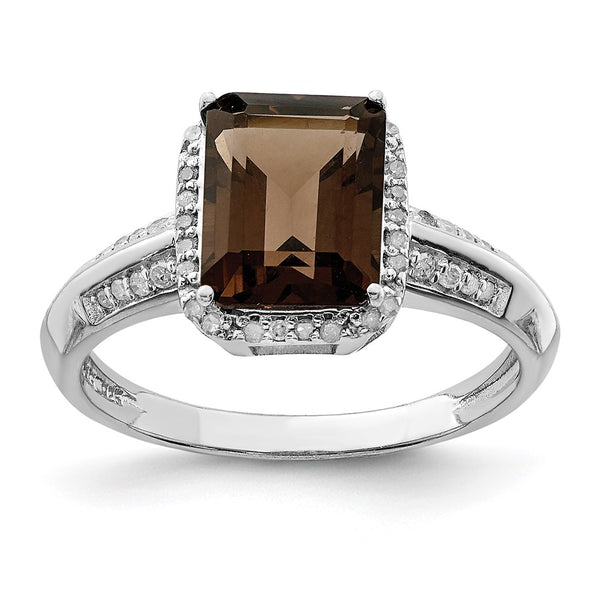 Sterling Silver Rhodium Diam. & Smoky Quartz Ring