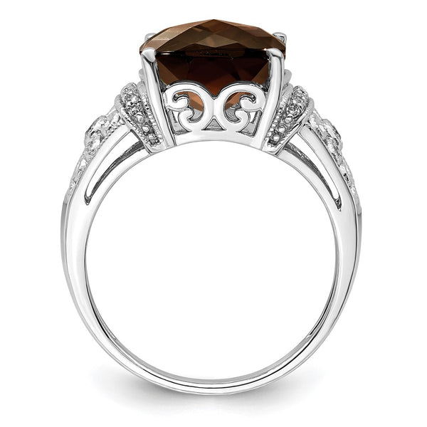 Sterling Silver Rhodium Diam. & Checker-Cut Smoky Quartz Ring