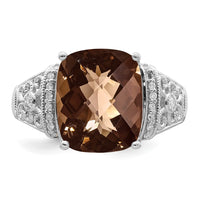 Sterling Silver Rhodium Diam. & Checker-Cut Smoky Quartz Ring