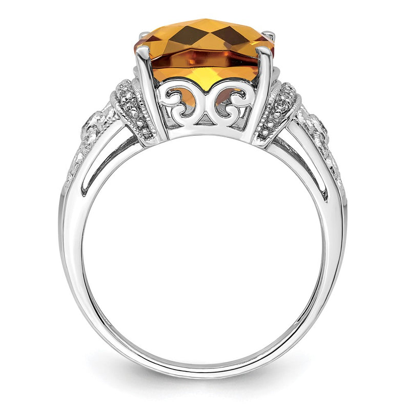 Sterling Silver Rhodium Diam. & Checker-Cut Whiskey Quartz Ring