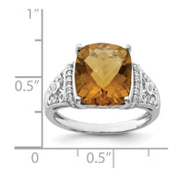 Sterling Silver Rhodium Diam. & Checker-Cut Whiskey Quartz Ring
