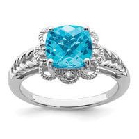 Sterling Silver Rhodium Checker-Cut Blue Topaz & Diam. Ring