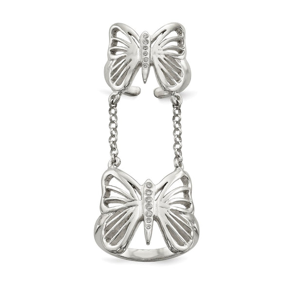 Sterling Silver Polished CZ Butterfly Double Finger Ring