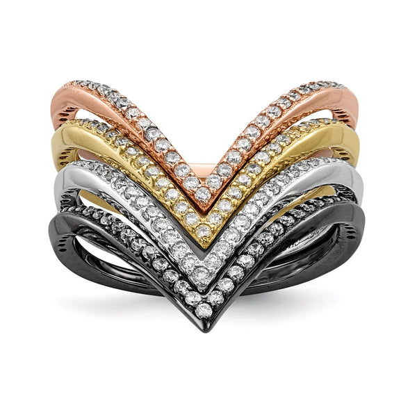 Sterling Silver Rhodium & Black-plate, Gold & Rose-tone CZ 4 Ring Set