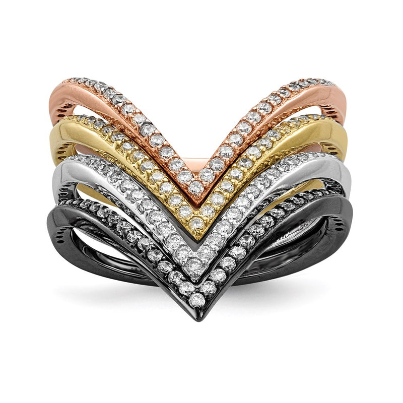 Sterling Silver Rhodium & Black-plate, Gold & Rose-tone CZ 4 Ring Set