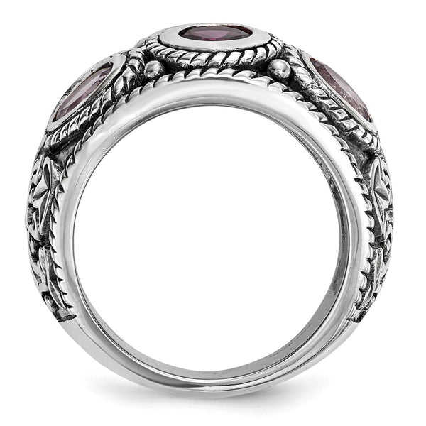 Sterling Silver Rhod. w/14k Pink Qrtz Rhodolite GA & Pink Tourmaline Ring