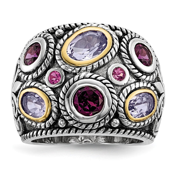 Sterling Silver Rhod. w/14k Pink Qrtz Rhodolite GA & Pink Tourmaline Ring
