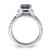 Sterling Silver Rhodium-plated 8mm Blue CZ Ring & 2 CZ Band Set