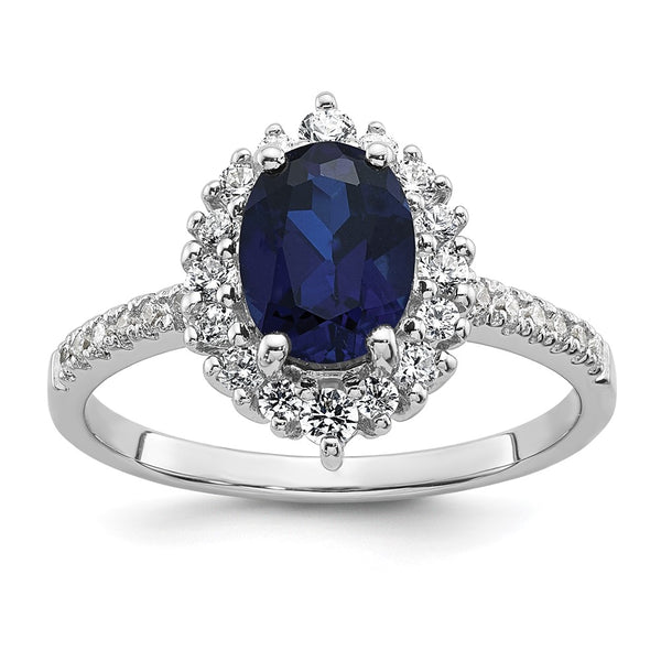Sterling Silver RH-plated Polished Cr. Sapphire and CZ Oval Halo Ring