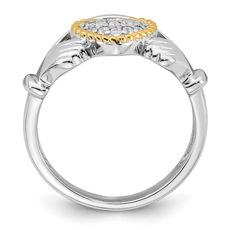Sterling Silver RH-pl w/14k Accent Polished CZ Claddagh Ring