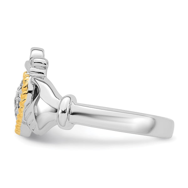 Sterling Silver RH-pl w/14k Accent Polished CZ Claddagh Ring