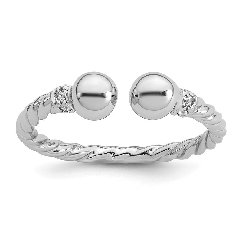 Sterling Silver RH-plated Polished and Twisted CZ Ball End Ring