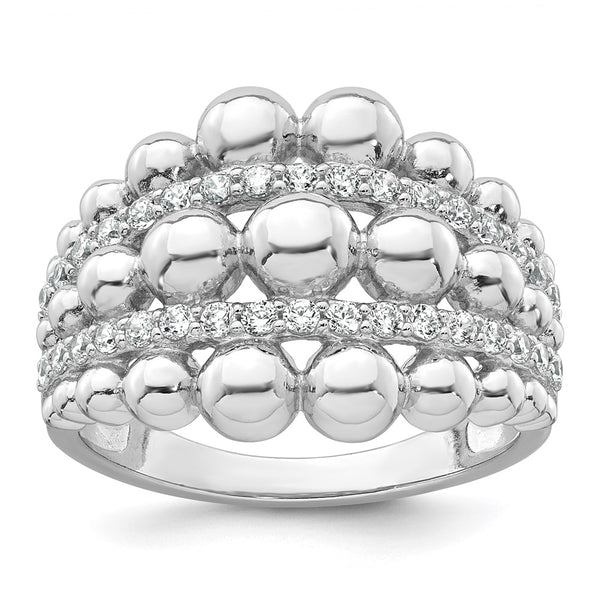 Sterling Silver Rhodium-plated Polished and Beaded Fancy CZ Ring