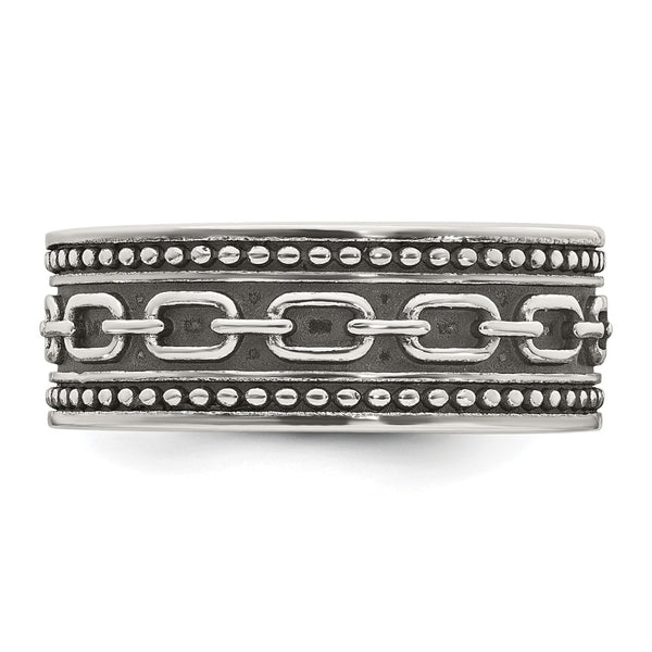 Sterling Silver Polished Beaded Antiqued Chain Link Men's Ring
