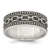 Sterling Silver Polished Beaded Antiqued Chain Link Men's Ring