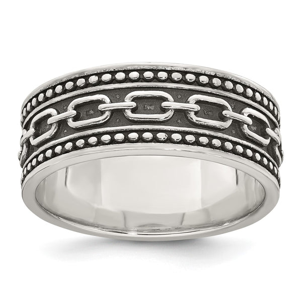 Sterling Silver Polished Beaded Antiqued Chain Link Men's Ring