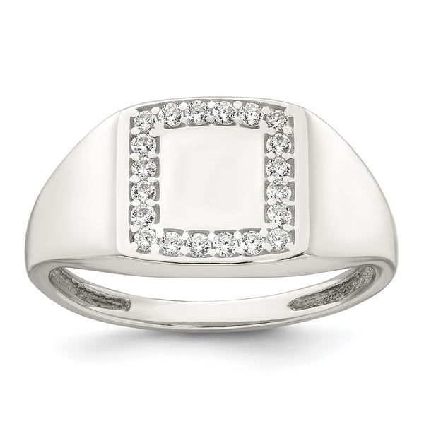 Sterling Silver Polished CZ Square Border Men's Signet Ring