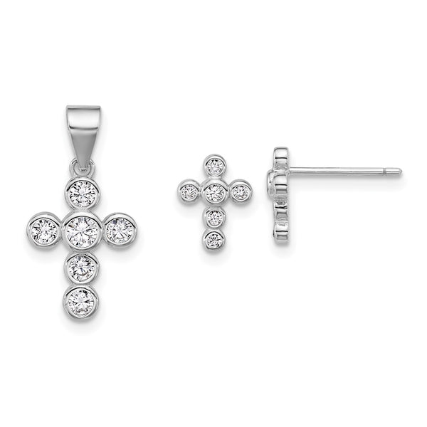 SS RH-plated Polished Bezel CZ Cross Post Earrings and Pendant Set