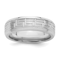 Sterling Silver Rhodium-plated Grooved 6mm Brushed Greek Key Band