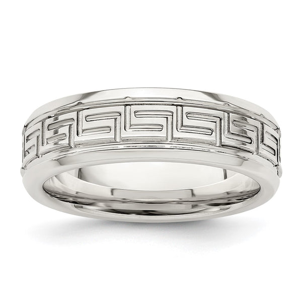 Sterling Silver 6mm Polished Greek Key Flat Band Size 8