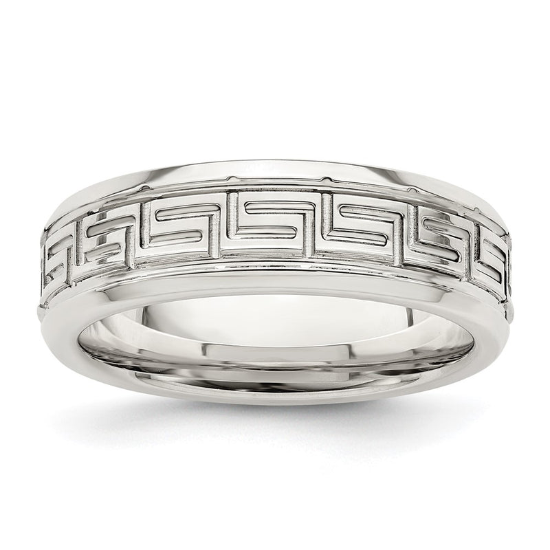 Sterling Silver 6mm Polished Greek Key Flat Band Size 8
