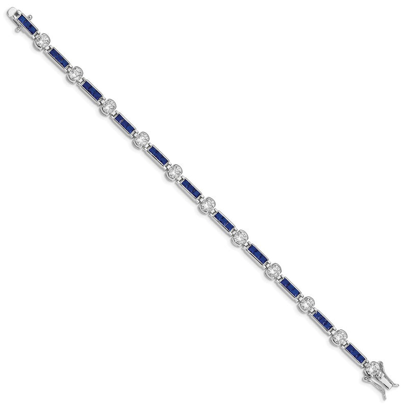 Sterling Silver Rhodium-plated Blue Glass and CZ 7.5 inch Bracelet