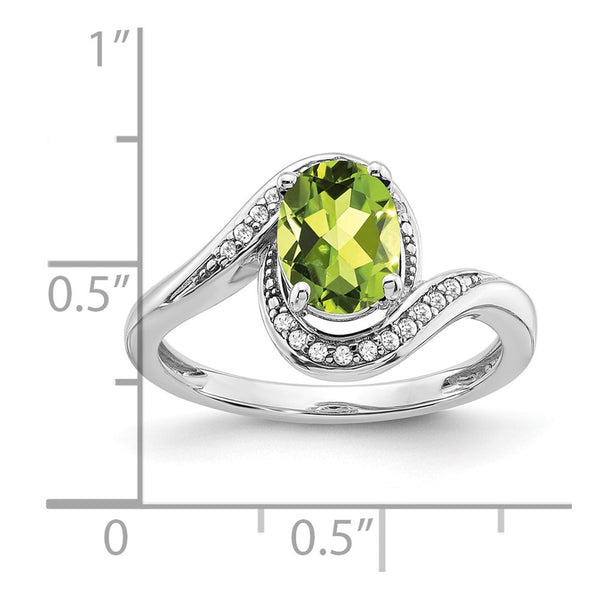 14k White Gold Oval Peridot and Diamond Bypass Ring