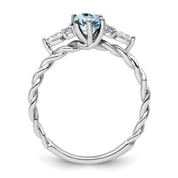 14K White Gold Polished Diamond and Aquamarine Twisted Ring
