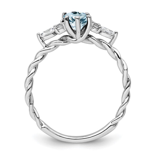 14K White Gold Polished Diamond and Aquamarine Twisted Ring