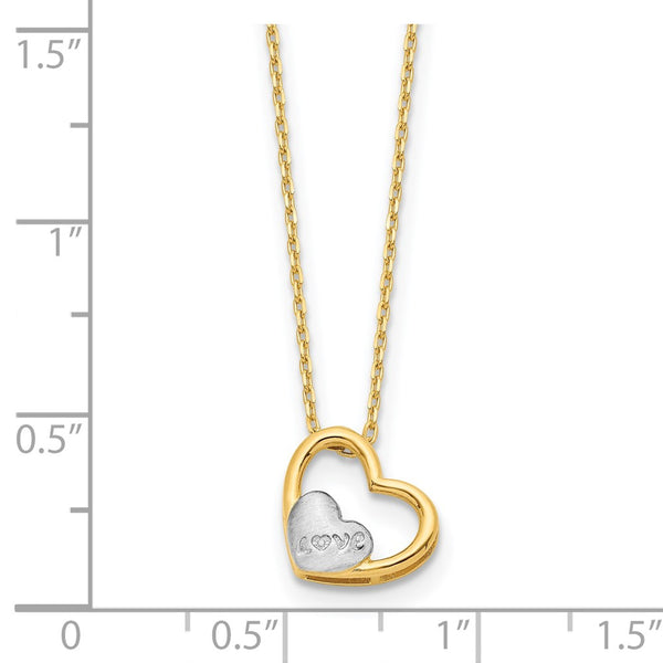 14K and White Rhodium Brushed and Polished Love Heart 17in Necklace
