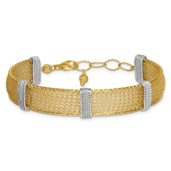 14k Two-tone Textured Mesh 6.75in with 1in ext Bracelet