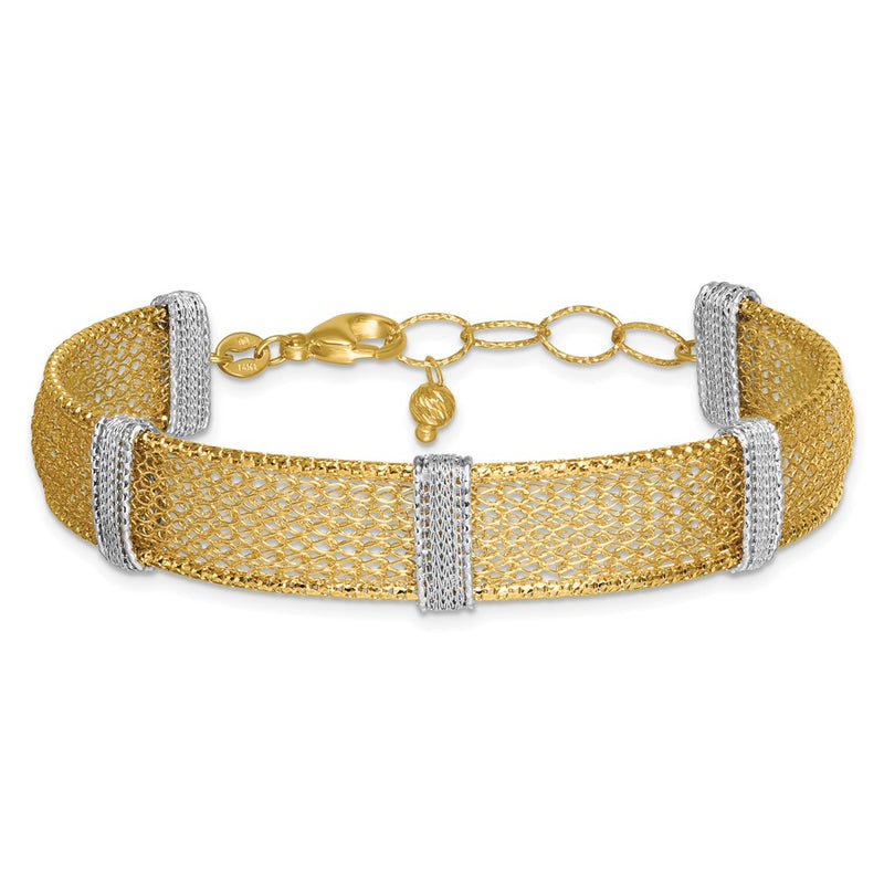 14k Two-tone Textured Mesh 6.75in with 1in ext Bracelet