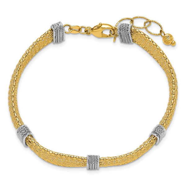14k Two-tone Textured Mesh 6.75in with 1in ext Bracelet
