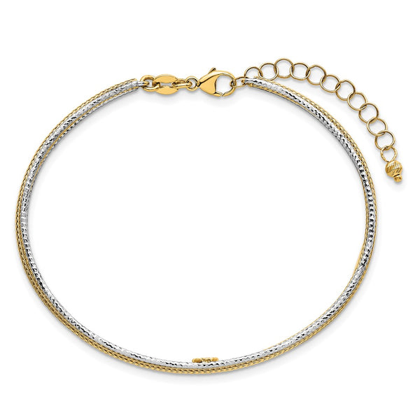 14k Two-Tone Textured Woven Flexible w/1.25 inch ext Bangle Bracelet