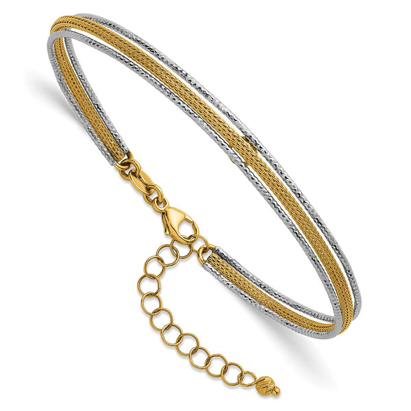 14k Two-Tone Textured Woven Flexible w/1.25 inch ext Bangle Bracelet