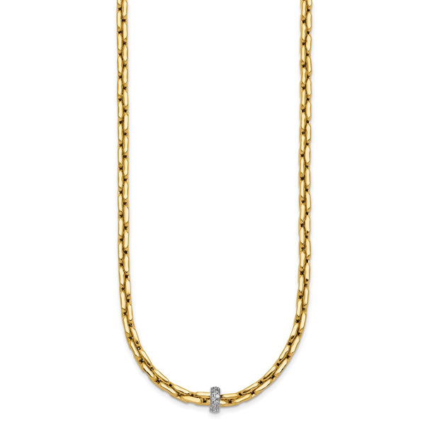 14k Two-tone Polished Fancy Link w/CZ Bead 17 in Necklace