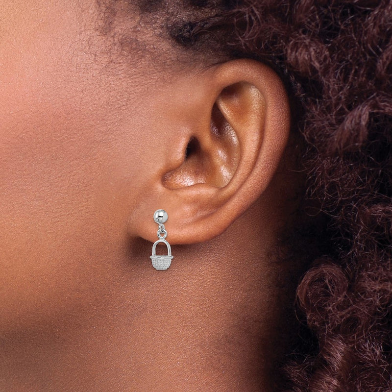 14K White Gold 3-D Mini Basket Drop Earrings